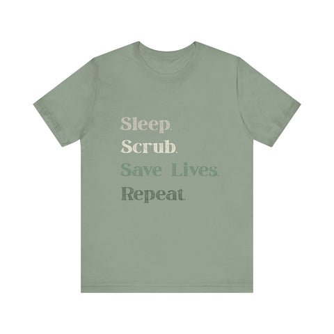 Healthcare Worker Unisex Tee - 'sleep, scrub, save lives, repeat'