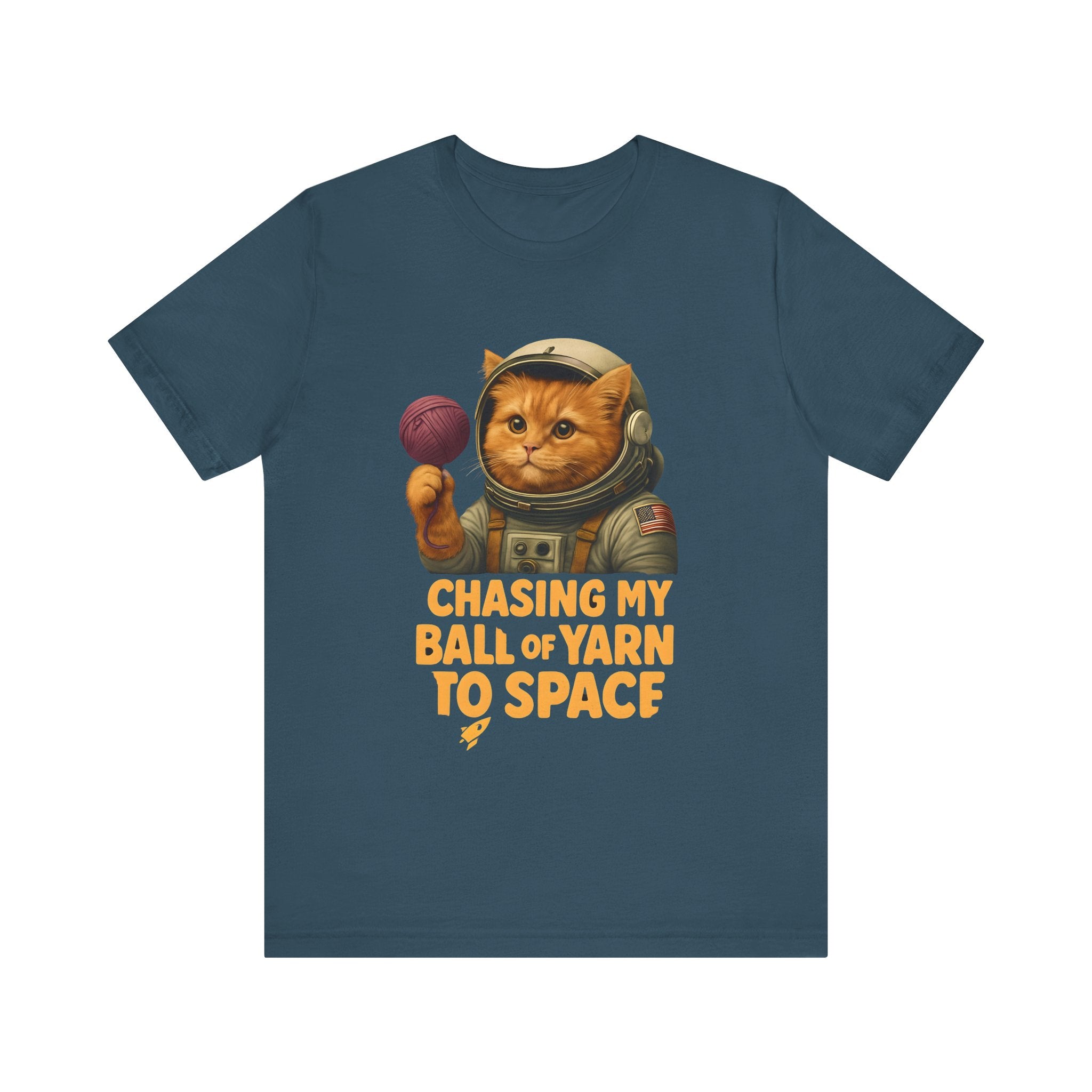 Astronaut Cat Tee - "Chasing My Ball of Yarn to Space" Unisex Jersey Short Sleeve T-Shirt