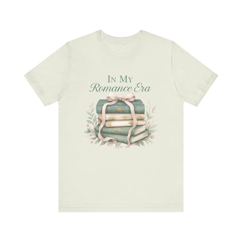 Romance Era Unisex Tee with Books and Bow Design
