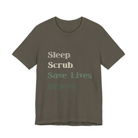 Healthcare Worker Unisex Tee - 'sleep, scrub, save lives, repeat'