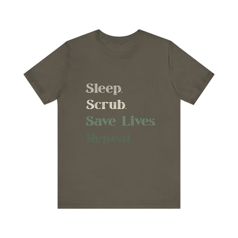 Healthcare Worker Unisex Tee - 'sleep, scrub, save lives, repeat'