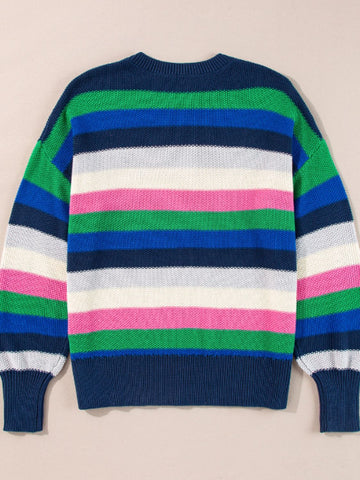 Contrast Striped Round Neck Long Sleeve Sweater