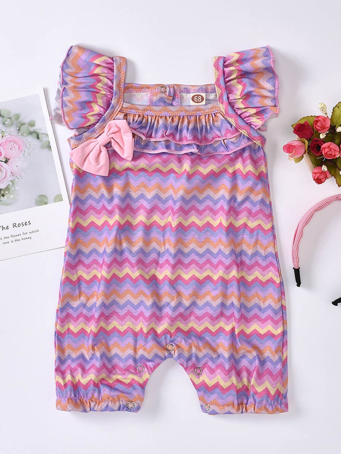 Baby Girl Printed Bow Detail Square Neck Romper
