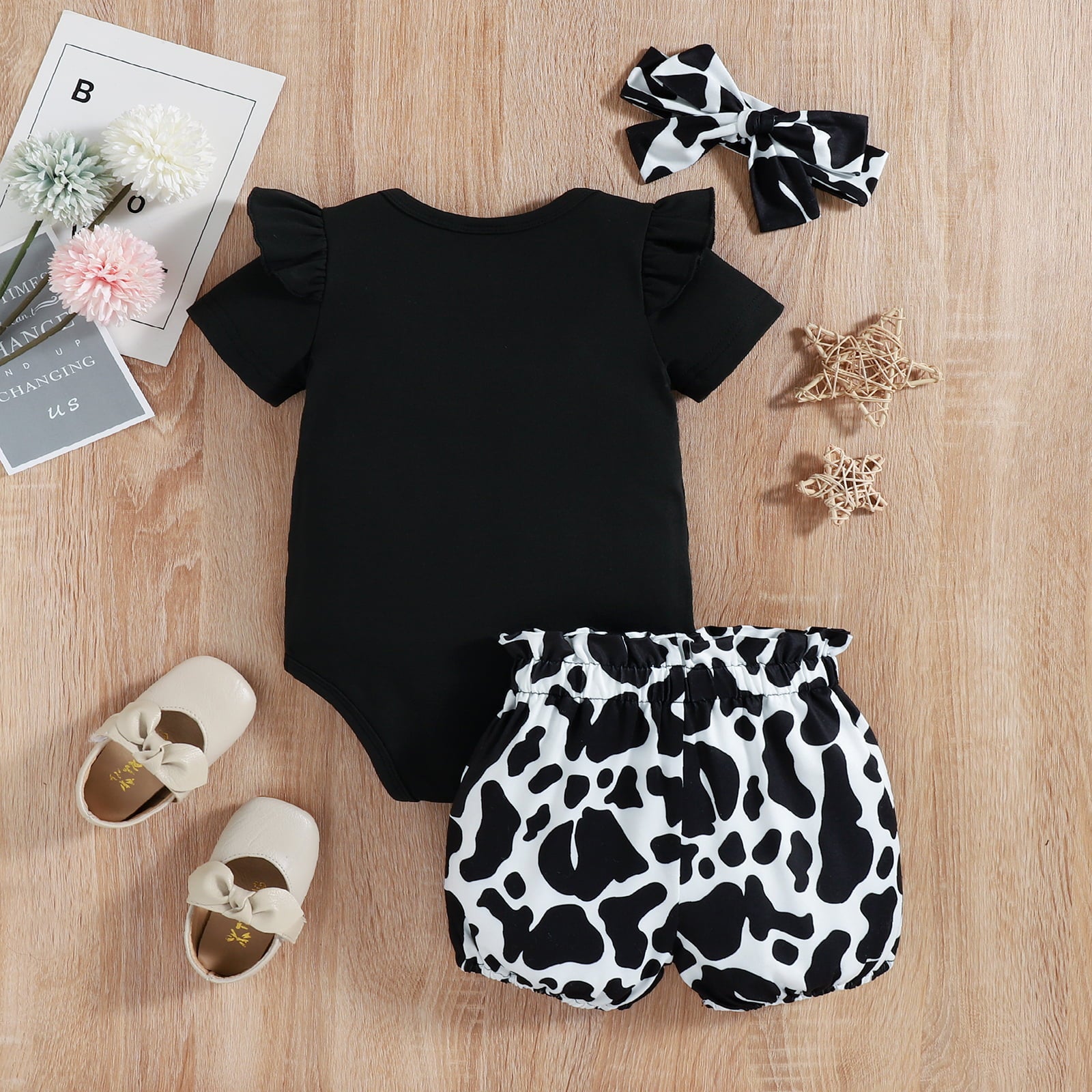 Graphic Ruffled Bodysuit and Cow Print Shorts Set