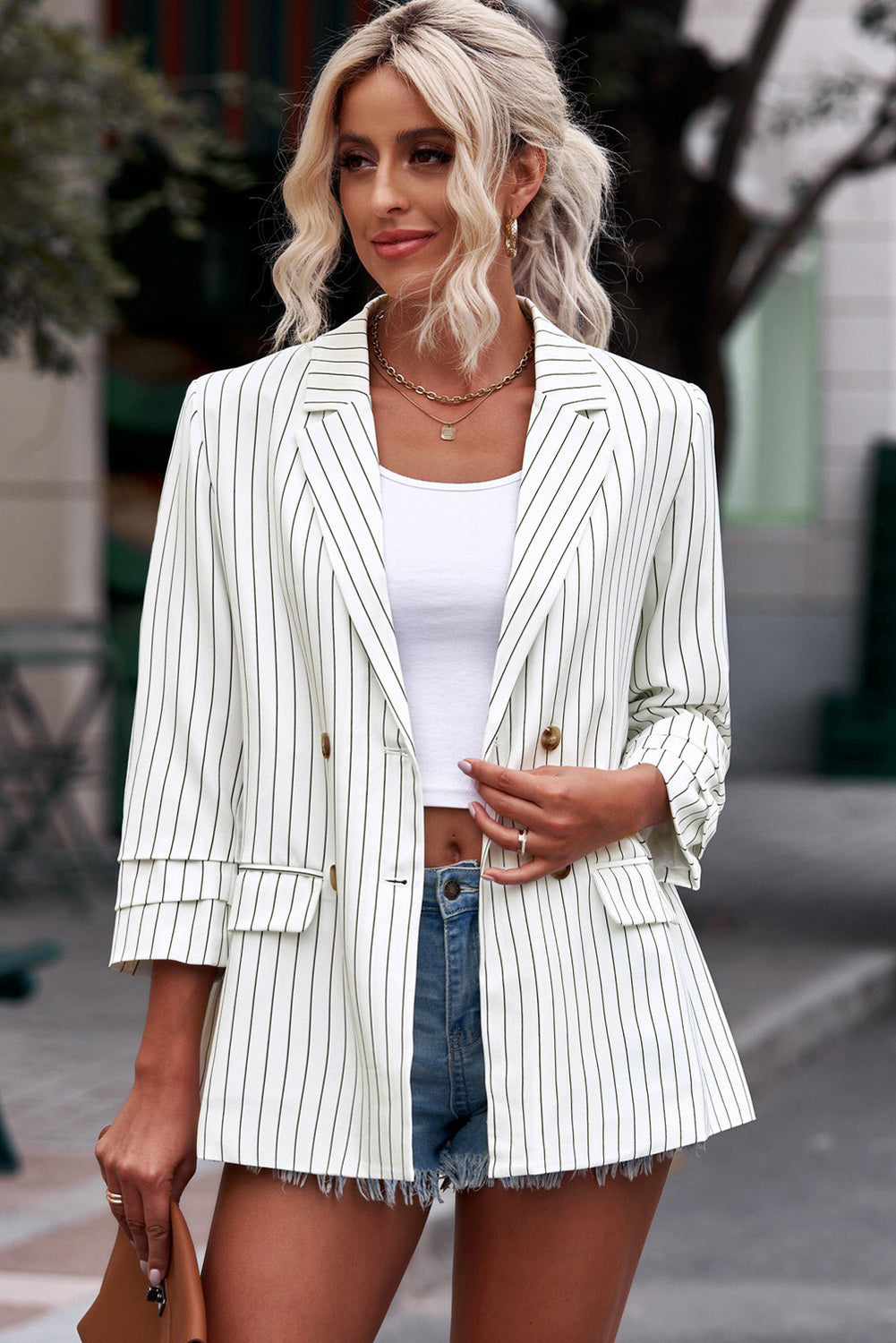 Striped Double-Breasted Long Sleeve Blazer